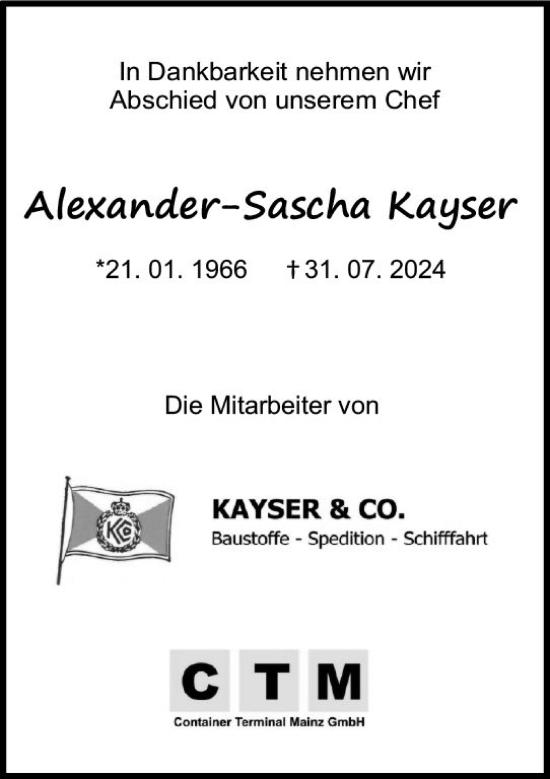 Traueranzeige von Alexander-Sascha Kayser von Allgemeine Zeitung Mainz