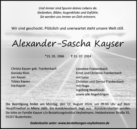 Traueranzeige von Alexander-Sascha Kayser von Allgemeine Zeitung Mainz