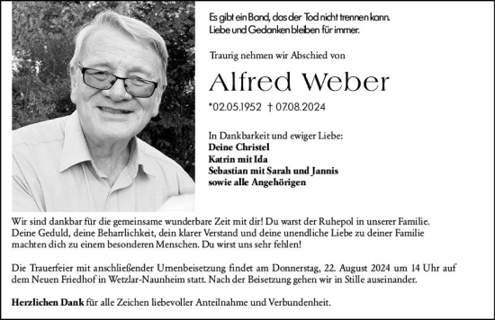 Traueranzeige von Alfred Weber von Wetzlarer Neue Zeitung