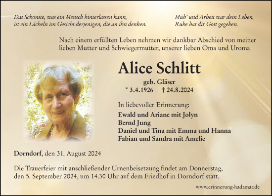 Traueranzeige von Alice Schlitt von Nassauische Neue Presse