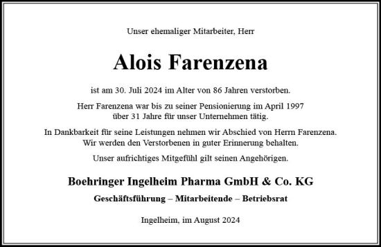 Traueranzeige von Alois Farenzena von Allgemeine Zeitung Rheinhessen-Nahe