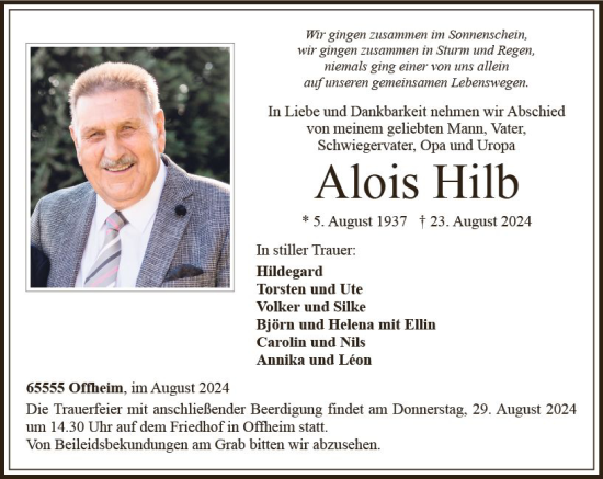 Traueranzeige von Alois Hilb von Nassauische Neue Presse