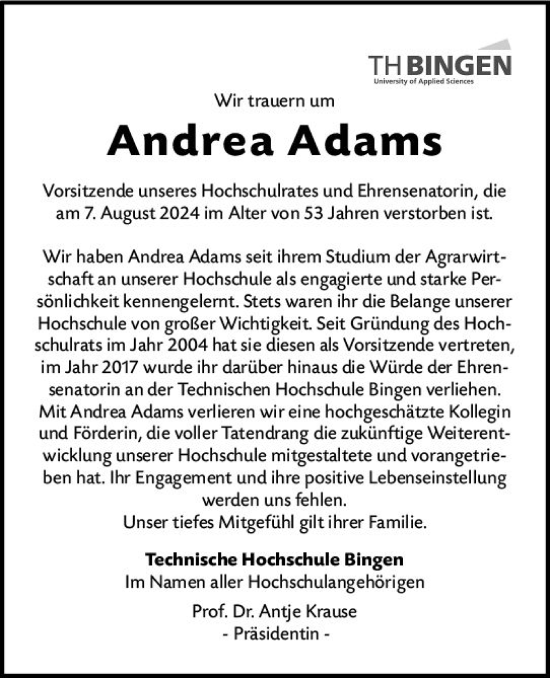 Traueranzeige von Andrea Adams von Allgemeine Zeitung Rheinhessen-Nahe