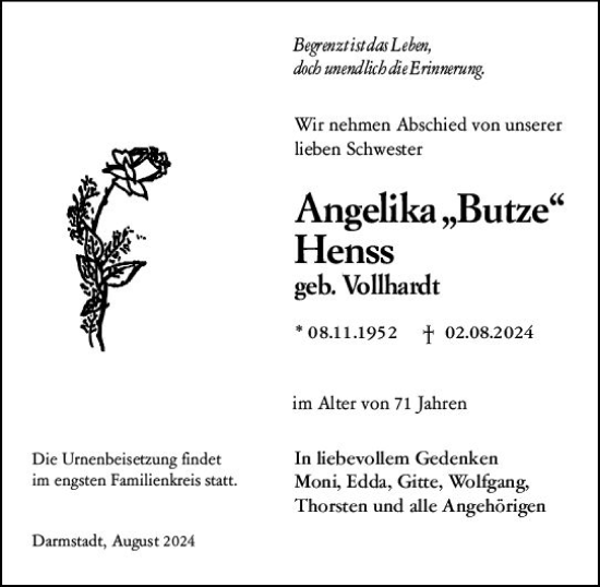 Traueranzeige von Angelika Henss von Darmstädter Echo