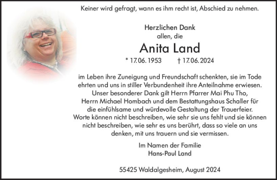 Traueranzeige von Anita Land von Binger-/Ingelheimer Wochenblatt