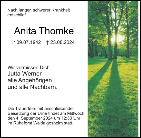 Traueranzeige von Anita Thomke von Allgemeine Zeitung Rheinhessen-Nahe