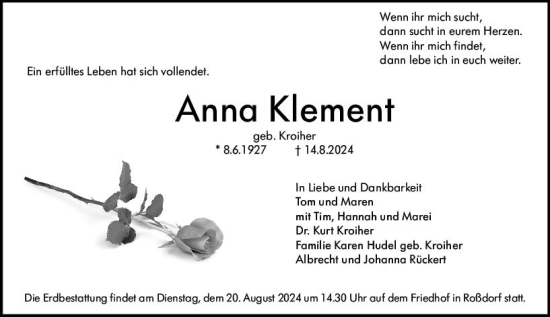 Traueranzeige von Anna Klement von Darmstädter Echo