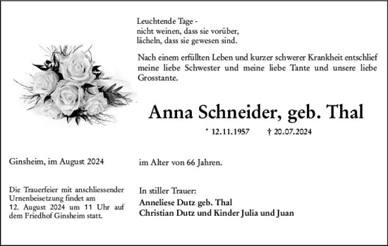 Traueranzeige von Anna Schneider von Rüsselsheimer Echo