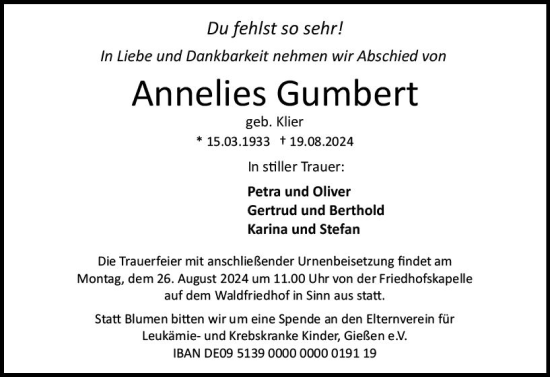 Traueranzeige von Annelies Gumbert von Dill Block