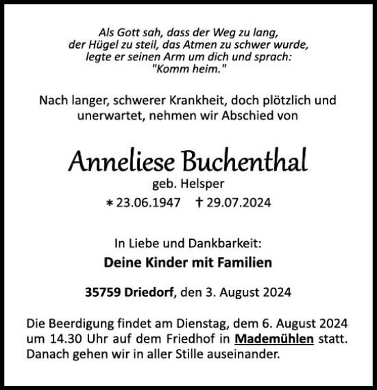 Traueranzeige von Anneliese Buchenthal von Dill Block