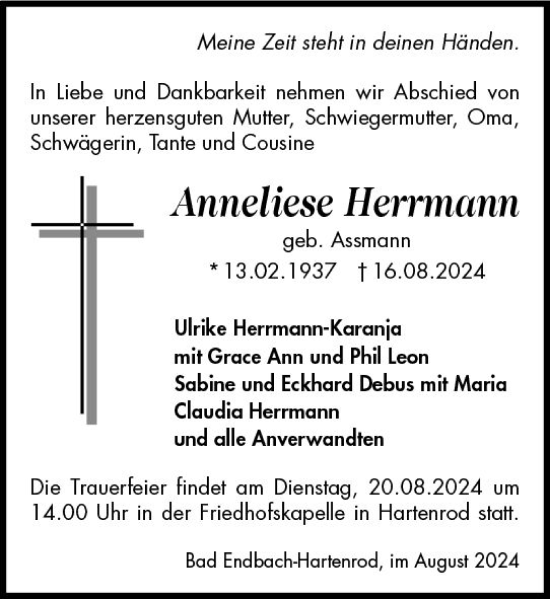 Traueranzeige von Anneliese Herrmann von Hinterländer Anzeiger