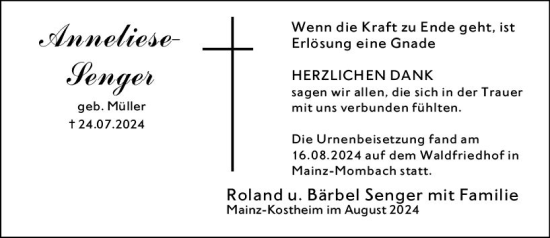 Traueranzeige von Anneliese Lenger von Allgemeine Zeitung Mainz