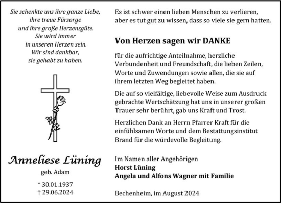 Traueranzeige von Anneliese Lüning von Allgemeine Zeitung Alzey