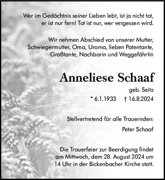 Traueranzeige von Anneliese Schaaf von Darmstädter Echo