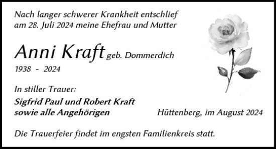 Traueranzeige von Anni Kraft von Wetzlarer Neue Zeitung