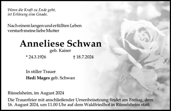 Traueranzeige von Annliese Schwan von Rüsselsheimer Echo
