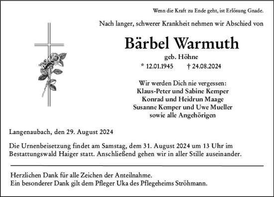 Traueranzeige von Bärbel Warmuth von Dill Block