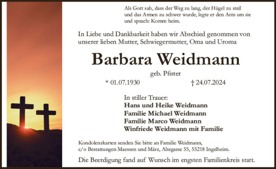 Traueranzeige von Barbara Weidmann von Allgemeine Zeitung Rheinhessen-Nahe