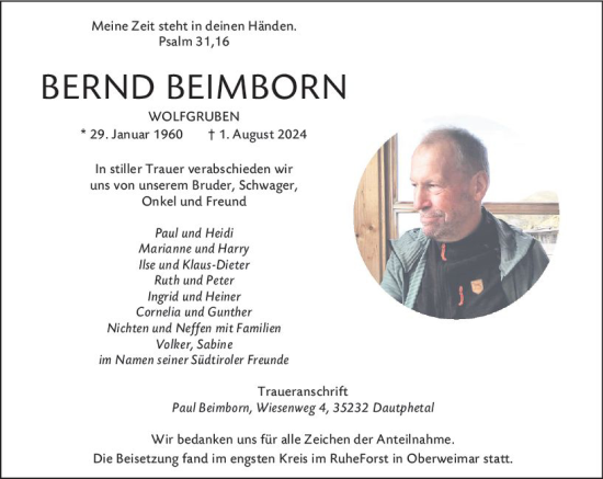 Traueranzeige von Bernd Beimborn von Hinterländer Anzeiger