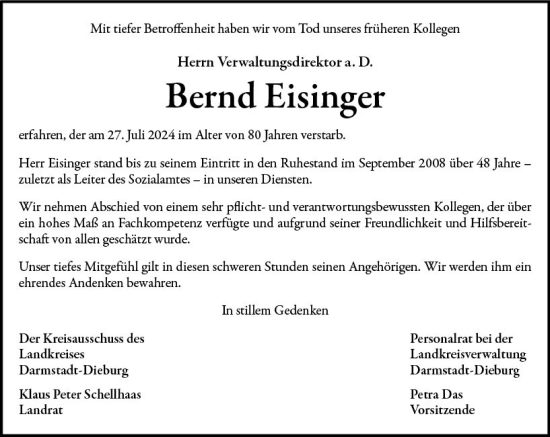 Traueranzeige von Bernd Eisinger von Darmstädter Echo
