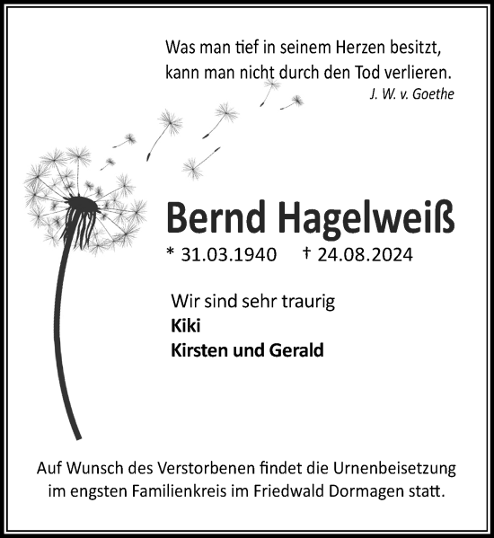 Traueranzeige von Bernd Hagelweiß von Idsteiner Land/Untertaunus