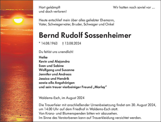 Traueranzeige von Bernd Rudolf Sossenheimer von Camberger Anzeiger