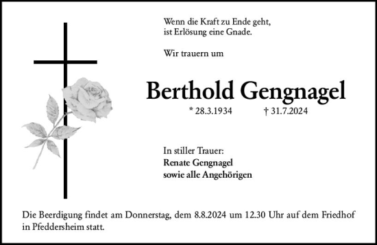 Traueranzeige von Berthold Gengnagel von Wormser Zeitung