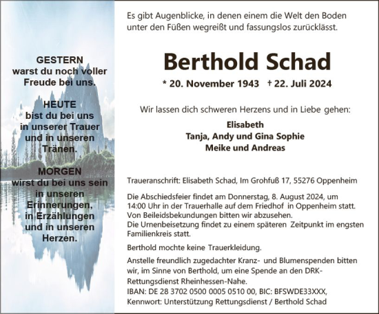 Traueranzeige von Berthold Schad von Allgemeine Zeitung Mainz