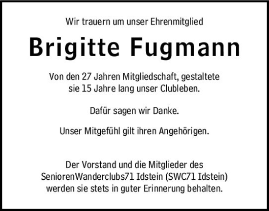 Traueranzeige von Brigitte Fugmann von Idsteiner Land/Untertaunus