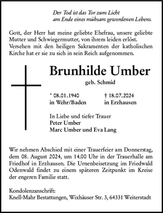 Traueranzeige von Brunhilde Umber von Darmstädter Echo