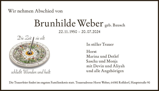 Traueranzeige von Brunhilde Weber von Darmstädter Echo