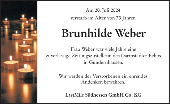 Traueranzeige von Brunhilde Weber von Darmstädter Echo