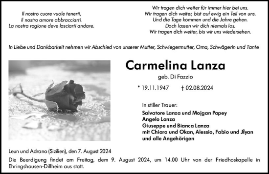 Traueranzeige von Carmelina Lanza von Wetzlarer Neue Zeitung
