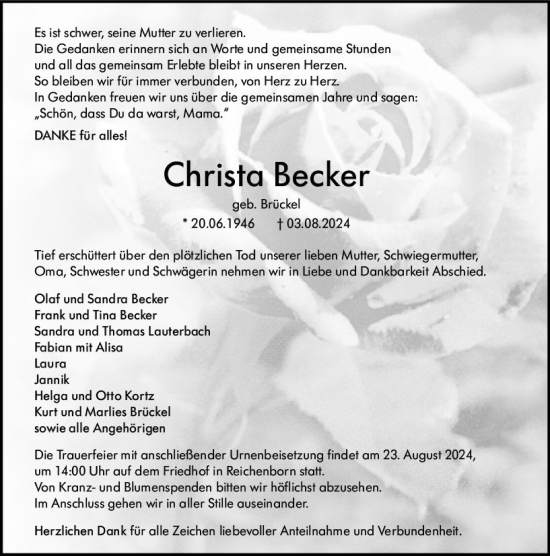 Traueranzeige von Christa Becker von Weilburger Tageblatt