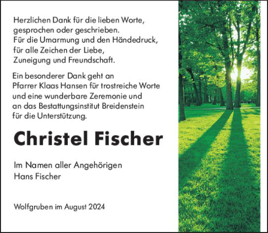 Traueranzeige von Christel Fischer von Hinterländer Anzeiger