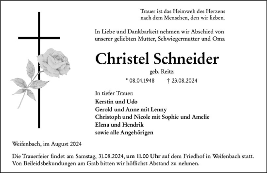 Traueranzeige von Christel Schneider von Hinterländer Anzeiger