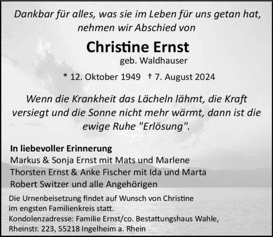 Traueranzeige von Christine Ernst von Allgemeine Zeitung Rheinhessen-Nahe