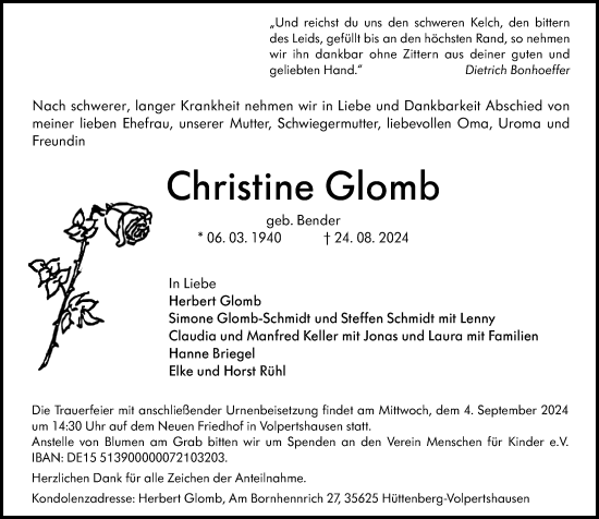 Traueranzeige von Christine Glomb von Wetzlarer Neue Zeitung