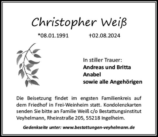 Traueranzeige von Christopher Weiß von Allgemeine Zeitung Rheinhessen-Nahe