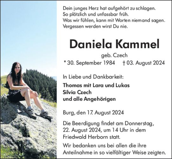 Traueranzeige von Daniela Kammel von Dill Block