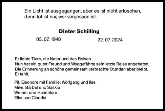 Traueranzeige von Dieter Schilling von Darmstädter Echo