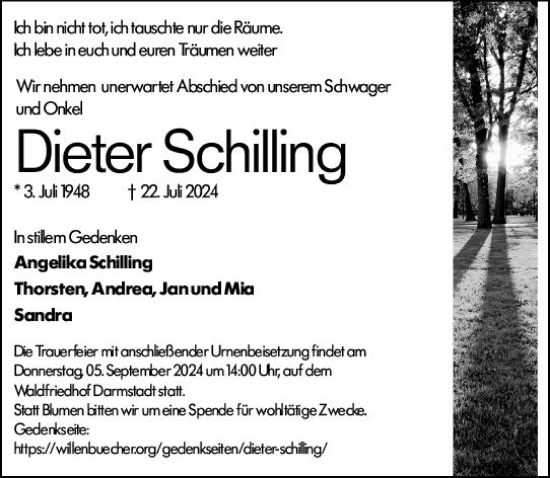 Traueranzeige von Dieter Schilling von Darmstädter Echo