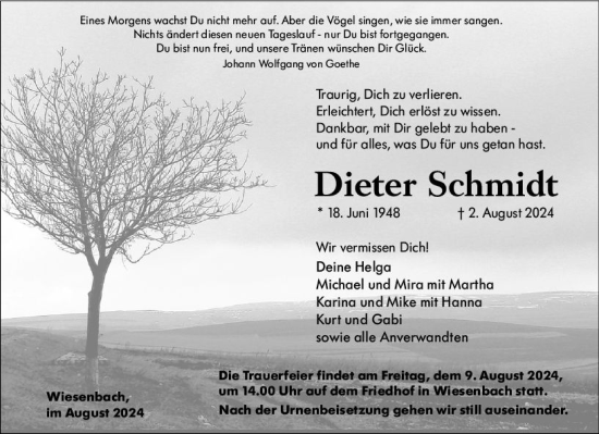 Traueranzeige von Dieter Schmidt von Hinterländer Anzeiger