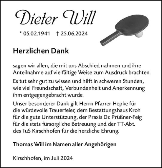 Traueranzeige von Dieter Will von Weilburger Tageblatt