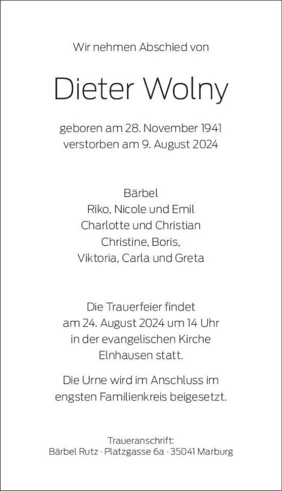 Traueranzeige von Dieter Wolny von Hinterländer Anzeiger