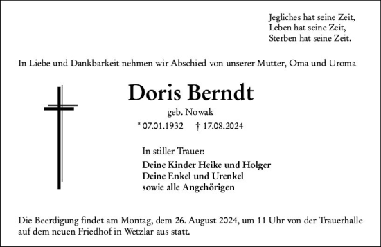 Traueranzeige von Doris Berndt von Wetzlarer Neue Zeitung