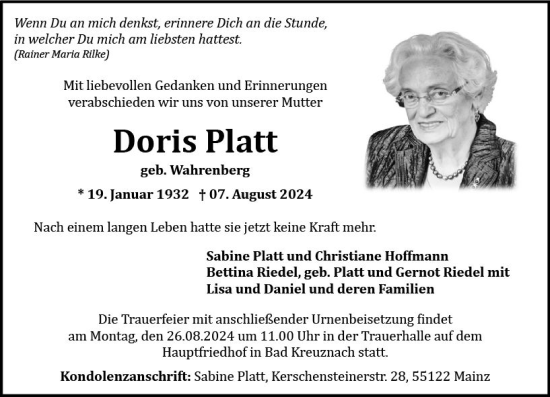 Traueranzeige von Doris Platt von Allgemeine Zeitung Rheinhessen-Nahe