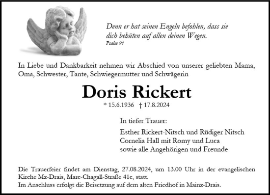 Traueranzeige von Doris Rickert von Allgemeine Zeitung Mainz