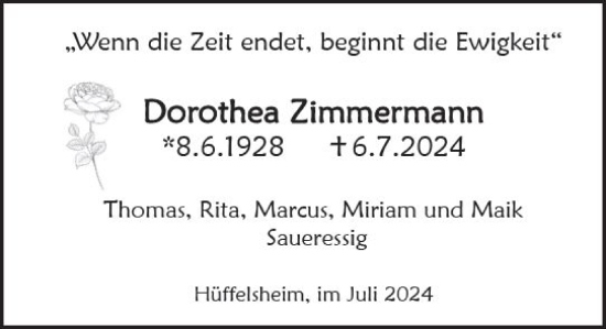 Traueranzeige von Dorothea Zimmermann von Allgemeine Zeitung Rheinhessen-Nahe