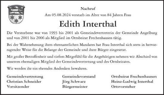 Traueranzeige von Edith Interthal von Hinterländer Anzeiger